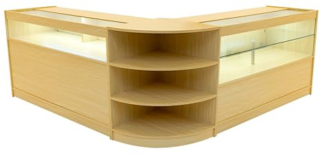 Maple Shop Counter Set Harmonia LED Light B1500 C1500 LM60 150cm 60cm W Lockable Sliding Doors Keys 3 Retail Storage Units Glass Display Showcase Cabinet Corner Clothing Jewellery Shelves Lighting