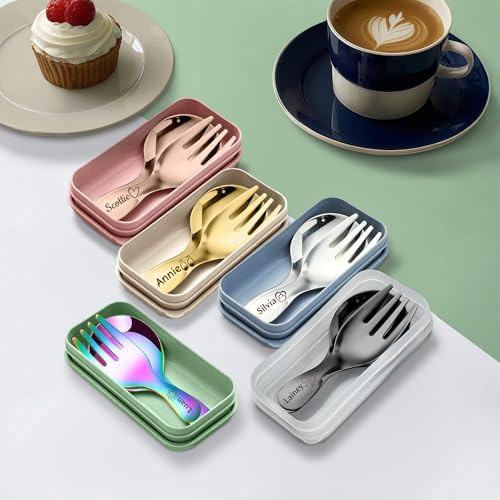 Personalisiertes Besteck Set,Tragbares hochwertiges Mini Besteck Set | 2pcs Reiseutensilien, Edelstahl Silberware Set Kurzgriff Kleine Löffel und Gabeln,Anpassen Sie Namen und Symbole