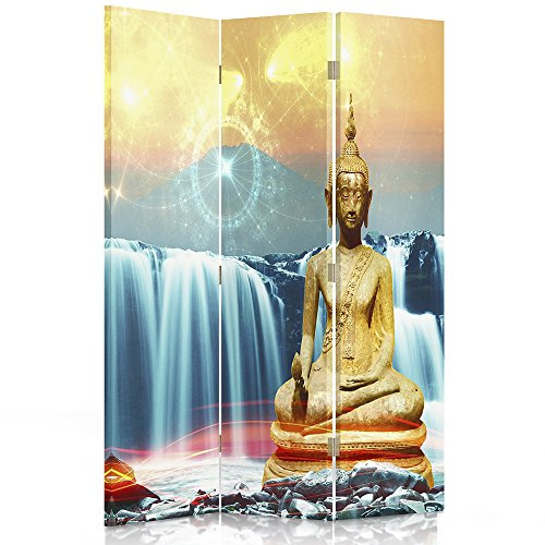 Feeby Frames. Raumteiler, Gedruckten auf Canvas, Leinwand Wandschirme, dekorative Trennwand, Paravent einseitig, 3 teilig (110x180 cm), ABSTRAKTION, Buddha, Figur, Zen, Wasserfall, BLAU, ORANGE