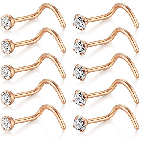 D.Bella 18G Nasenstecker Nasenpiercing Chirurgenstahl Nasenring mit 2mm Zirkonia Nase Stecker Spirale Piercing Schmuck Rosegold Farbe 10 Stk