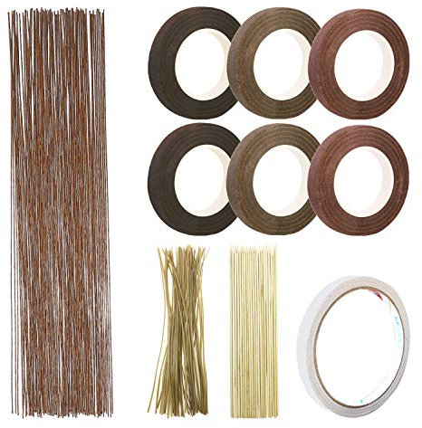 Woohome 10 PCS Ensemble D'outils de Décoration, 2 Style Florale Ruban, Fil de Fer Fleur Jauge 26, Attache de Câble Florale Brun et Bâton en Bambou pour Floral, Décor à La Maison