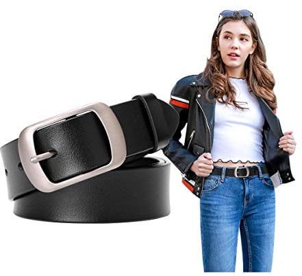 SUOSDEY Fashion Womens Leather Belts for Jeans Pants with Metal Pin Buckle Ladies Retro Vintage Leather Waist Belt black