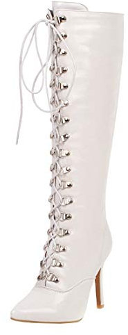 MISSUIT Damen Stiletto Stiefel Kniehoch Lack High Heels Stiefel mit Schnürung und Reißverschluss Langschaftstiefel Spitz(Weiß,44)