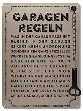 Schilderkönig Metallschild mit Flaschenöffner 300x220mm - Garagenregeln - lustiges Schild als Geschenk für Freunde Deko für Werkstatt, Garage, Keller,