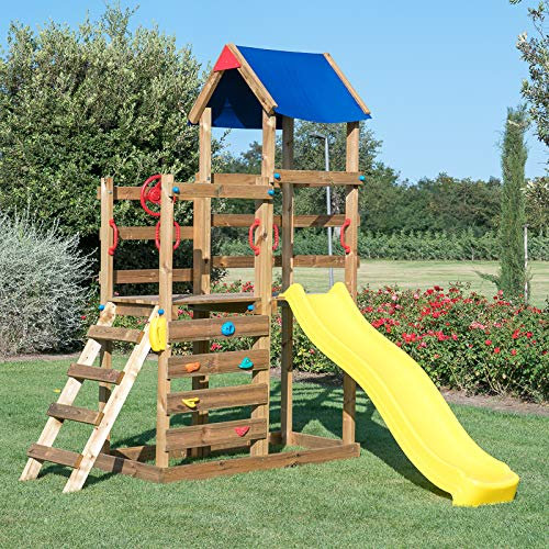 SavinOutdoor Parco Giochi in Legno Torre Doppia Deluxe con Tetto + Arrampicata