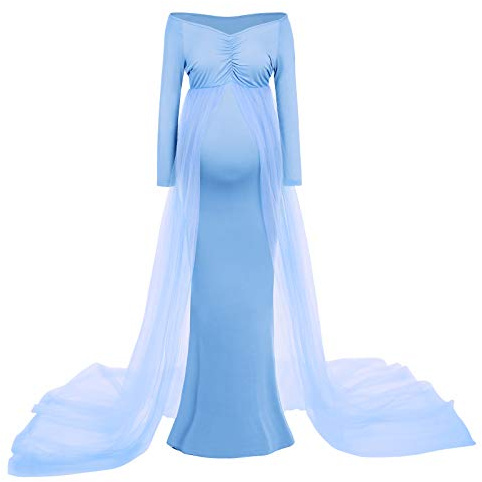 IBAKOM Maternité Robe Grossesse Shooting Photo Hors épaule Manches Longues col en V bébé Douche Maxi Robes Photoshoot Soirée Mariage Accessoire Photo