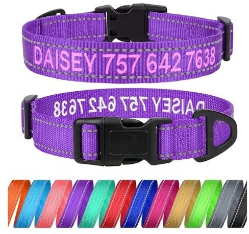 TagME Personalizzato Collare per Cani, Ricamato Collare Cane con Nome e Numero di Telefono, Nylon Riflettente per Cucciolo, Viola