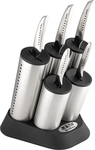Global SAI-2020/6B Cylinder Engine 6-Piece Knife Block Set with SAI Range Knives, CROMOVA 18 Stainless Steel