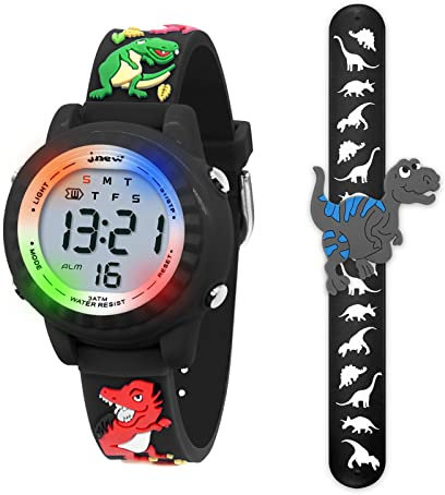 HMJIA 3D Cartoon Design Armbanduhr für Kinder Jungen und Mädchen 3ATM Wasserdicht Kinderuhr mit Wecker/Datum/Stoppuhr/LED (Schwarzer Dinosaurier)