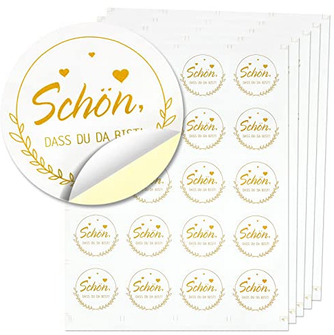 yumcute 100 Stück Runde Aufkleber SCHÖN DASS DU DA BIST Selbstklebende Sticker für Hochzeit Gastgeschenke Taufe Kommunion Geburtstag Feste Geschenke (4.2cm Durchmesser, Golden)