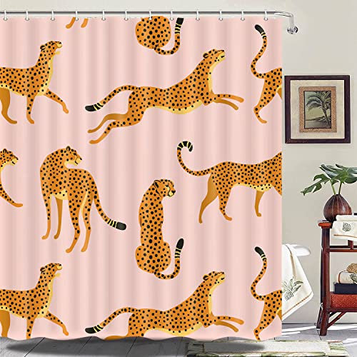 Uokiuki Boho Leopard Stoff Duschvorhang – Tropisches Tier Gepard – Rosa mit Haken 175 x 213 cm