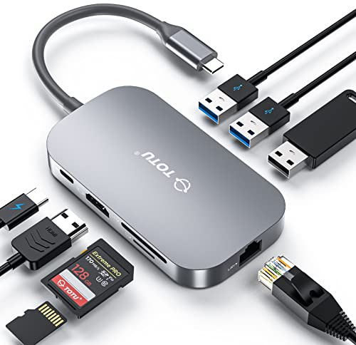 TOTU USB C Hub, 8 in 1 Typ C Hub mit 4K USB C auf HDMI, Ethernet Port, USB-C Power Delivery(PD) Port, 2 USB 3.0 Ports, USB 2.0 Port, SD/TF Kartenleser, grau, TT-HB001C