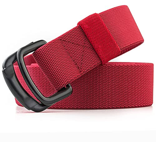 TENINE Unisex Leinwand Gürtel, Elastischer Stoffgürtel Stretchgürtel Militär Gurtband Nylon Gürtel für Damen Herren Taktischer Gürtel Metallschnalle mit Doppel D-ringe Schnalle (Rot)