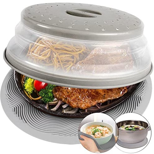 2 in 1, Aidacom Microwave Place Mat & Food Cover- Mat as Bowl Holder, for Splatter Guard, Multi-use: Silicone Trivet, Pot Holders, Drying, Baking, Utensils Rest for Kitchen Counter, Grey