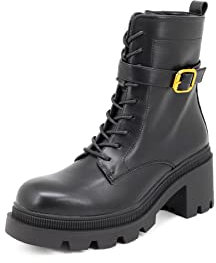 QUEEN HELENA Anfibi Stivaletti con Lacci Tacco Plateau Fibbia Zip Laterale Invernali Casual Donna X27-115 (Nero, numeric_36)