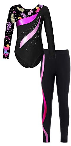 iEFiEL Mädchen Turnanzug Glitzer Gymnastik Leotard Langarm Akrobatik Anzug Tanzkostüme Turnbody Jumpsuit mit Sport Leggings Zb Schwarz + Hot Rosa 122-128