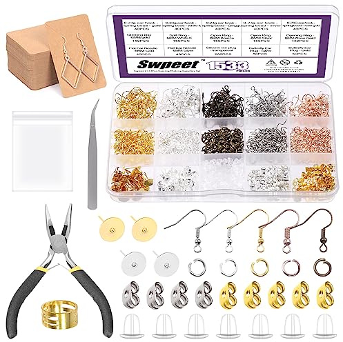 Swpeet Kit Assortito per la Creazione di Orecchini - Include Ganci, Anelli Aperti, Pinze Ad Ago, Chiusure a Farfalla e in Gomma, Perni, Biglietti Porta e Sacchetti