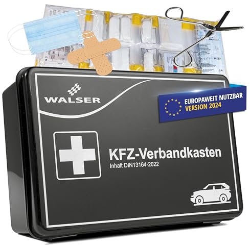 Walser Trousse de Secours Automobile 2025, Trousse de Secours Voiture, kit d'urgence Voiture, Trousse de Premiers Secours DIN 13164:2022, Rouge 44283