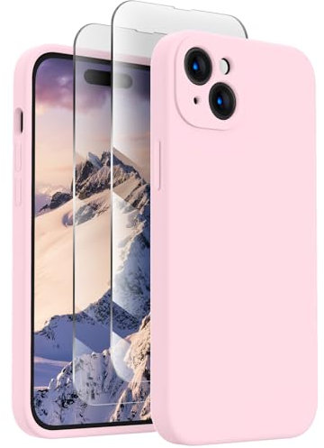 FireNova Designed for iPhone 15 Case, Silicone Upgraded [Camera Protection] Phone Case with [2 Screen Protectors], Soft Anti-Scratch Microfiber Lining Inside, 6.1 inch, Chalk Pink