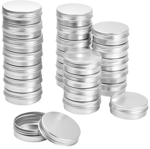 24 Pieces Aluminum Tin Jars, 60ml Empty Cosmetic Container Pots, Silver Round Cosmetic Tin Jars, Aluminum Round Cans with Screw Lids for Cream Lotion Powder Lip Balm Salve Sample Makeup Storage