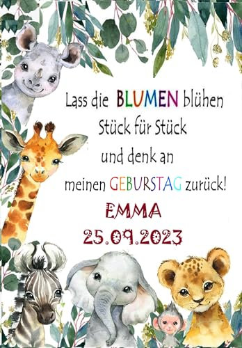 Galerie-of-art4you - Gastgeschenk Blumensamen Anhänger Tier Safari Reagenzglas mit Blumensamen, Taufe, Kommunion, Einschulung (Karte zum Geburtstag)