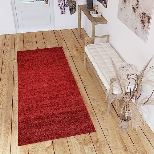TAPISO Delhi Teppichläufer Hochflor Shaggy Rot Einfarbig Weich Modern Design Flauschig Langflor Wohnzimmer Schlafzimmer Flur ÖKO-TEX 90 x 200 cm