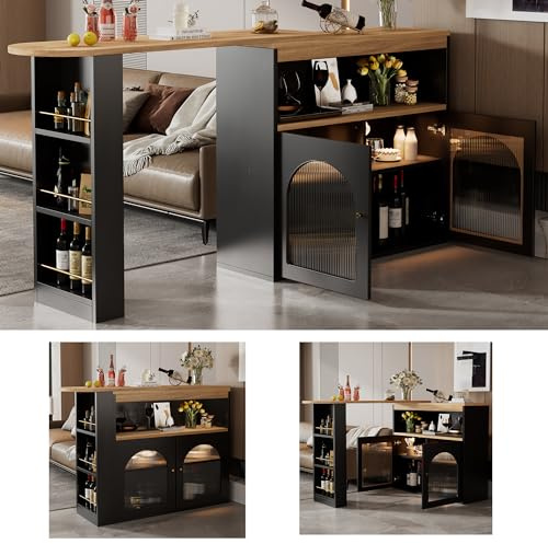 DRIXNO Moderner ausziehbarer Bartisch,Ausziehbarer Esstisch mit Stauraum, Stehtisch Bistrotisch, drehbar, Mit 1m langem LED Lichtstreifen(Einstellbare Lichtfarbe),Schwarz 138-193X39X105CM