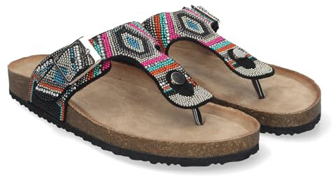 83565 Sandalia Plana para Mujer, con Planta Bio, Comoda, Estilo Esclava con Piedras de Strass en la Pala y Detalle de Hebilla. Negro Talla 37
