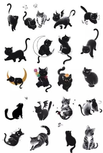 Cartoon-Katze-Tattoo-Aufkleber, Niedliches Haustier, Mondkatze, Schwarze Katze, Cartoon, Wasserfest, Langlebig