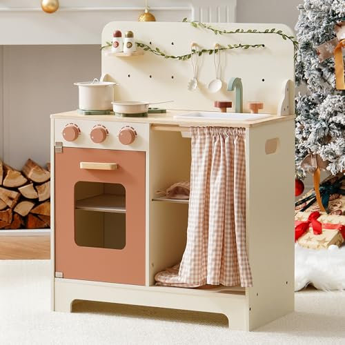 ROBOTIME Cocina de madera para niños en color rosa y crema, incluye delantal, guante, horno y grifo con cortina para juegos de rol interactivos, ideal para niñas a partir de 3 años