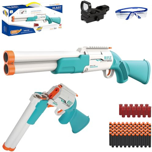 Double Barrel Soft Foam Dart Blaster Toy with 80 Soft Bullets and 12 Ejecting Shells - Air Pump with Scope, Gifts for Teens Youth 8+ Year Old Boys(Blue)