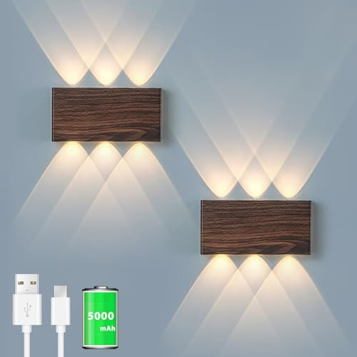 Akku Wandlampe, mit Touch Control Schalter LED Magnetisch Akku Wandleuchte 5200mAh Kabellose Wandlampe 3 Modi Helligkeitsstufen, ideal für Loft Flur Schlafzimmer (2pcs Walnuss)