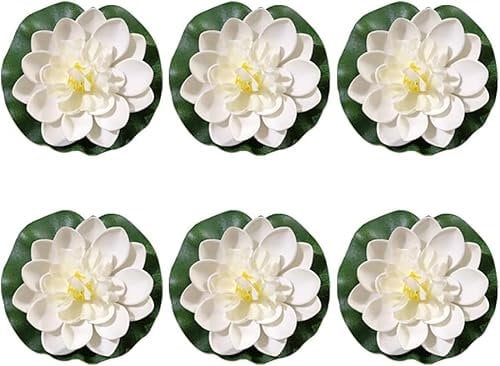 SquarezhenBo 6 Pcs White Artificial Lotus Large Floating Lotus Flowers Faux Water Lily Flowers Fish Pond Artificial Plants with Artificial Lily Pads