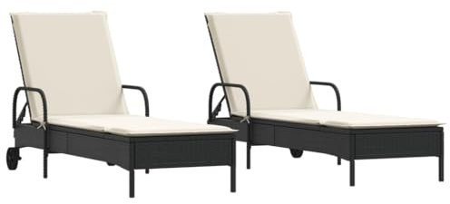 vidaXL Sonnenliegen 2 STK., Sonnenliege mit Auflagen 2 Rädern, Relaxliege für Garten Terrasse, Gartenliege Sonnenbett, Schwarz Poly Rattan