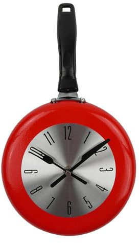 MAIJED Wall Clock 8 Inch Pan Shape Round Analog Living Room Bedroom Bar Decor,Wall Decor Outdoor Clock Funny Hanging Clock 3D Plastic Rome Small,Frying Pan Hanging Clock.,Red