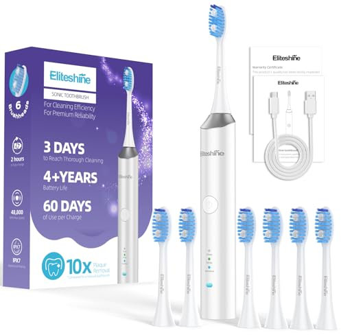 Eliteshine Sonic Electric Toothbrush for Adults and Teens,5+Years Battery Life, 48,800, Quiet Operation, Rechargeable,Genuine Waterproof, Operated Powered Tooth Brush,RelieveToothHealthProblems