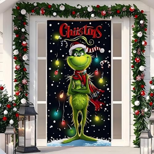 REGAPOG Grinch Weihnachtsdeko Tür Abdeckung Dekoration Grinch Hängen Banner Hintergrund, Weihnachtsbanner Für Haus Haustür Veranda Weihnachten Deko -91 X 203 cm (Grinch D)