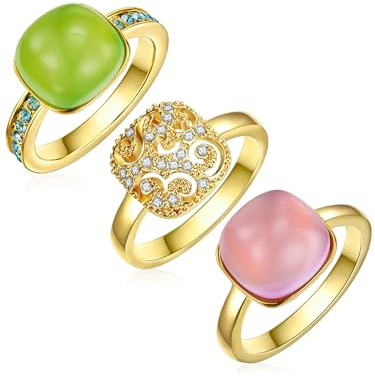 Lulu & Jane Damen Set (Ring 3er) Metall-Legierung gelbgold | gelbvergoldet 14 Karat, Modeschmuckring, verziert mit Kristallen, weiß
