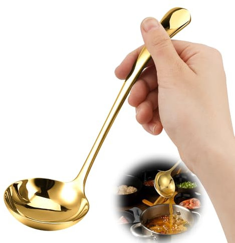 Bewudy Edelstahl Suppenschöpfer, 20 cm Suppenkelle Edelstahl Soßenkelle Servierlöffel von Suppen und Eintöpfen für Brühe Saucen und Servieren(Gold)