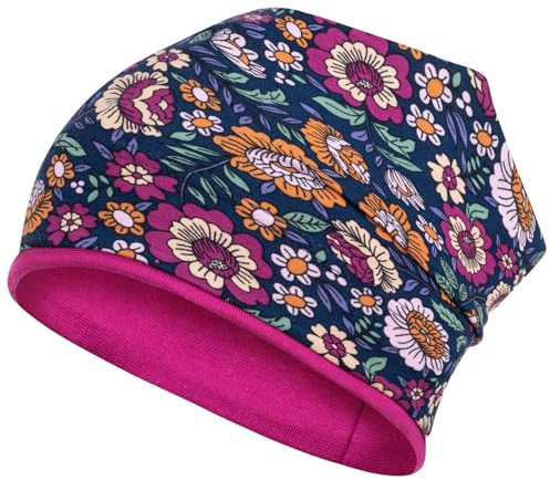 Smarilla Mädchen Mütze Übergangsmütze Beanie Blumen Frühling Herbst Baumwolle, Bekleidungsgröße: 50-52, Farbe: Dunkelblau-Pink