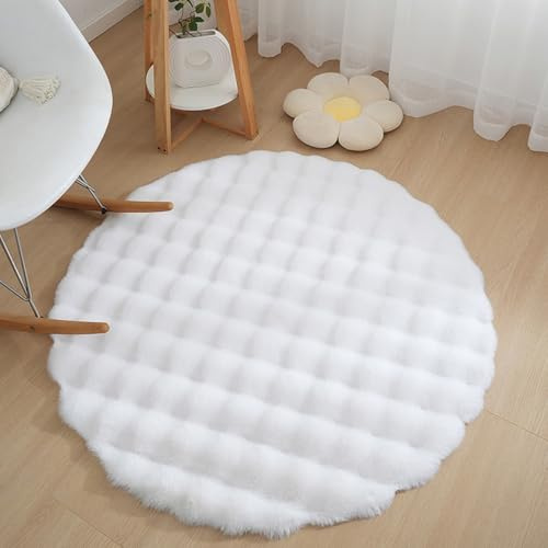 KRIPINC Tapis Fausse Fourrure, Tapis Shaggy, Tapis Rond 100cm, Blanc
