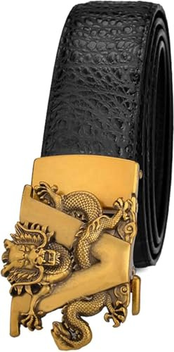 Herren Ratsche Gürtel Buchstabe V-Drache Retro Design Automatische Schnalle Schieber Rindsleder Krokodil Print Bundband Zubehör, Black, 125cm/waist:43