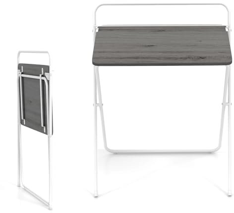 SFAREST Folding Computer Desk, 64 x 43 x 80cm Wooden Metal Frame PC Laptop Table for Small Spaces with Desktop Bracket, No Assembly Required Study Work Desk Writing Workstation for Home Office (Grey)