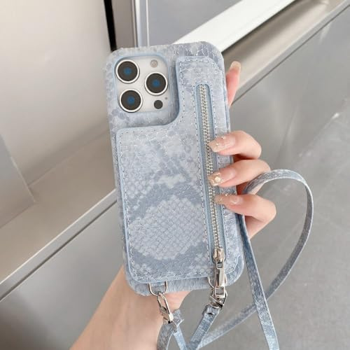 KLKLKTT Snake Leather Phone Case for iPhone 17 Air /16/15/14/11 pro Max/13/12/11/7/8 plus with Mirror Zipper Wallet Card Holder Lanyard,Blue,For iPhone 7