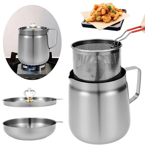 4Pcs Oil Filter Pot with Frying Basket and Strainer - 304 Stainless Steel Deep Fryer for Hobs, Cooking Oil Container with Mesh Filter and Dustproof Lid for Oil Storage and Reuse(2.0L)