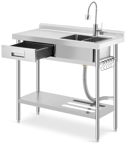Fregadero de acero inoxidable 90 × 50 × 100 cm, fregadero de cocina independiente 1 lavabo, fregadero comercial con grifo, mangueras de agua fría y caliente, para lavandería, cocina al aire libre