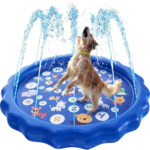Hundepool 170cm mit Sprinkler, Wasserspielmatte Splash Pad für Hunde, Verdickt rutschfest Planschbecken mit Alphabet und Tier Design, Blau