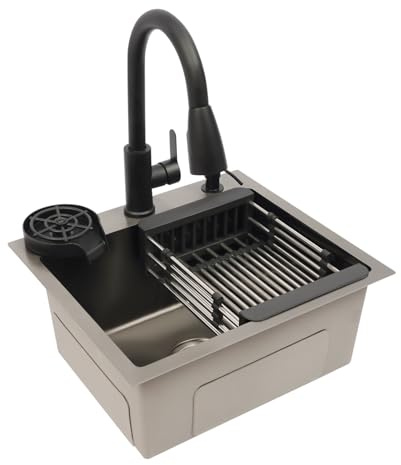 Fregadero de cocina de acero inoxidable 201, 45 x 40 cm, color negro, 1 lavabo, moderno, con grifo extensible, tubo de drenaje, dispensador de jabón, escurridor para cocina, gastronomía