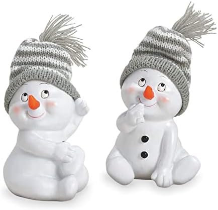 TEMPELWELT 2X Deko Figur Schneemann sitzend im Set 11 cm, Polystein Weiß, Wintermütze Textil Wolle rot, Schneemänner Winterdeko Weihnachtsdeko
