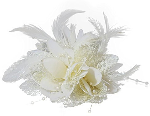 Flower Feather Bead Corsage Hair Clips Fascinator Hairband and Pin (Cream Ivory)